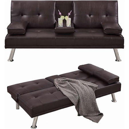Futon Sofa Bed, Modern Faux Leather Sofa Couch with Convertible Backrest,Sleeper Sofa Couch Filled with Memory Foam for Living Room,Apartment,Bedroom