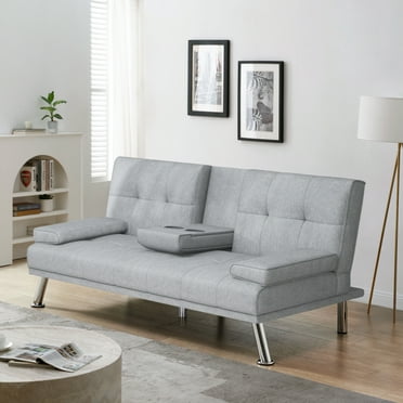 Futon Sofa Bed, Modern Faux Suede Convertible Futon Sofa Bed with Adjustable Back, Light Gray