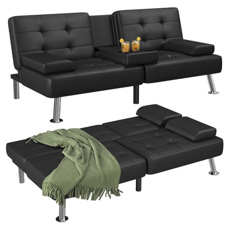 Futon Sofa Bed Modern Folding Futon Set Convertible Recliner Lounge for Living Room with 2 Cup Holders, Removable Armrests (PU Leather, Black) Artificial Leather