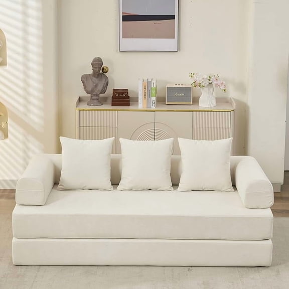 Futon Sofa Bed, Modular Convertible Folding 3 Seater Chenille Foam Floor Convertible Sleeper Sofa Couch, No Assembly Required Floor Mattress Couch for Living Room Apartment (Green + Chenille + Foam)