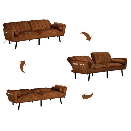 Futon Sofa Bed Sleeper Convertible Sofa Couch with USB Modern Loveseat Futon Sets for Living Room - 2-Person Caramel Brown