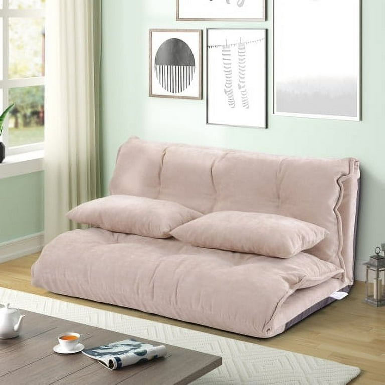 Futon Sofa Bed with Two Pillows Multi Functional Five Position Adjustable Floor Recliner Sofa with Ergonomic Curved Backrest 3 in 1 Folding Lazy