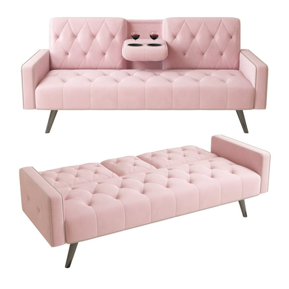 Futon Sofa Bed, Upholstered Velvet Sofa Couch with 2 Cup Holders for Living Room, Bedroom, Office, Small Spaces, Pink