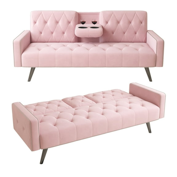 Futon Sofa Bed, Upholstered Velvet Sofa Couch with 2 Cup Holders for Living Room, Bedroom, Office, Small Spaces, Pink