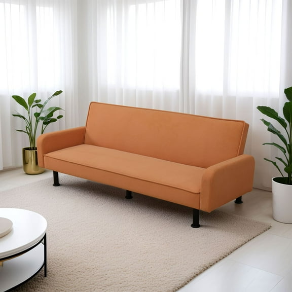 Futon Sofa Bed, Velvet Comfy Futon Couch Bed Convertible Sleeper Sofa with Adjustable Backrest, Orange