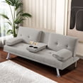 thumbnail image 1 of Futon Sofa Bed, Velvet Fabric Comfy Futon Couch Bed with 2 Square Pillows, Convertible Sleeper Sofa with Adjustable Backres Modern Loveseat Sleeper for Living Room, Beige, 1 of 7