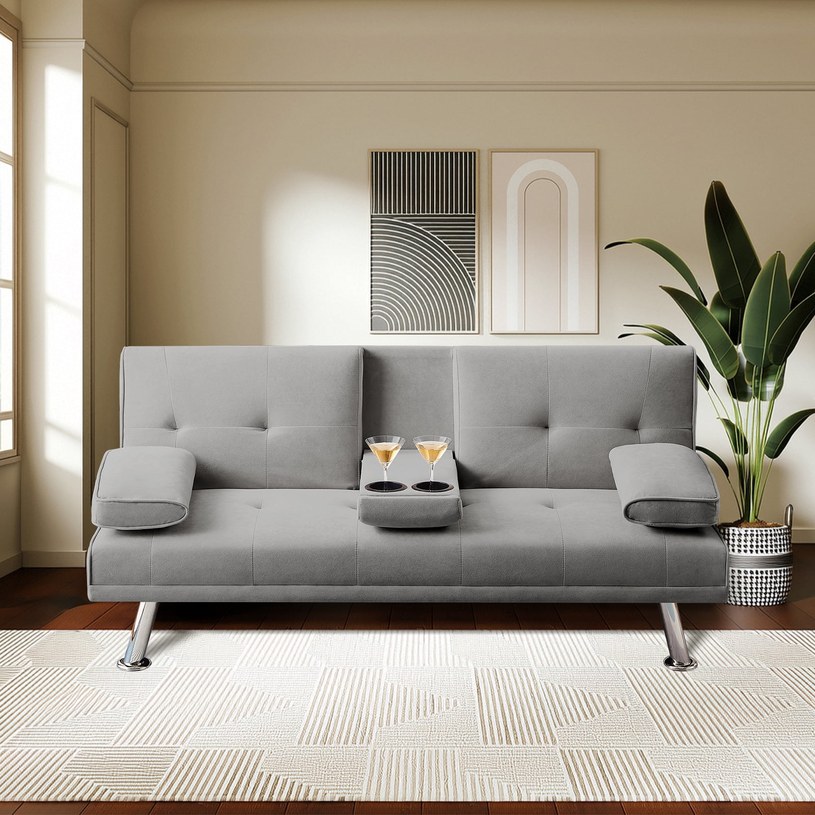 Futon Sofa Bed, Velvet Fabric Comfy Futon Couch Bed with 2 Square ...