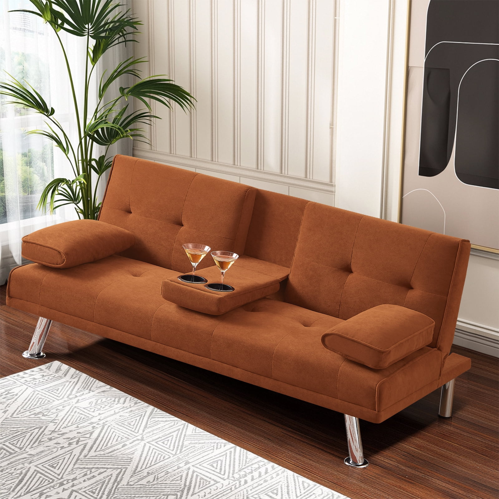 Futon Sofa Bed, Velvet Fabric Comfy Futon Couch Bed with 2 Square ...