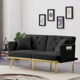 thumbnail image 1 of Futon Sofa Bed, Velvet Upholstered Accent Loveseat Sofa with 2 Pillows and Side Pockets, Couch Bed with Adjustable Backrest & Golden Metal Legs, Convertible Sleeper Sofa for Living Room Bedroom, Black, 1 of 7