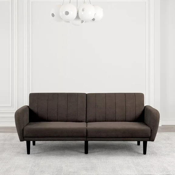 Futon Sofa Brown Fabric Upholstered Channeled Tufted Back Converts into Bed Track Arm 1pc Sofa Couch USB Living Room
