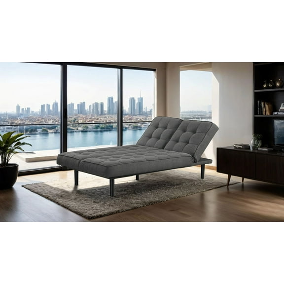 Futon Sofa Fabric Tufted Couch Covertible Chaise Bed Dark Gray Living Room Furniture 1pc Sofa