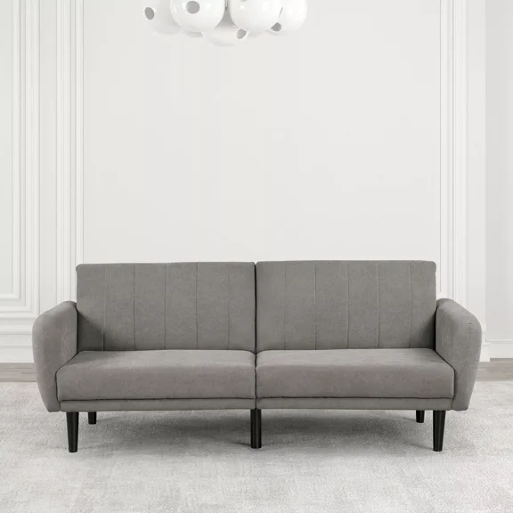 Futon Sofa Gray Fabric Upholstered Channeled Tufted Back Converts into Bed Track Arm 1pc Sofa Couch USB Living Room
