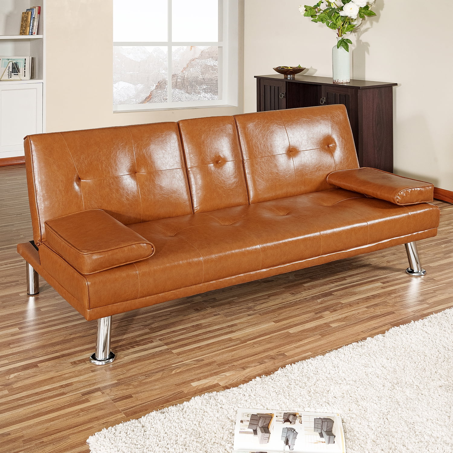 Futon Sofa with Armrest and Cupholders by Naomi HomeColorCaramel