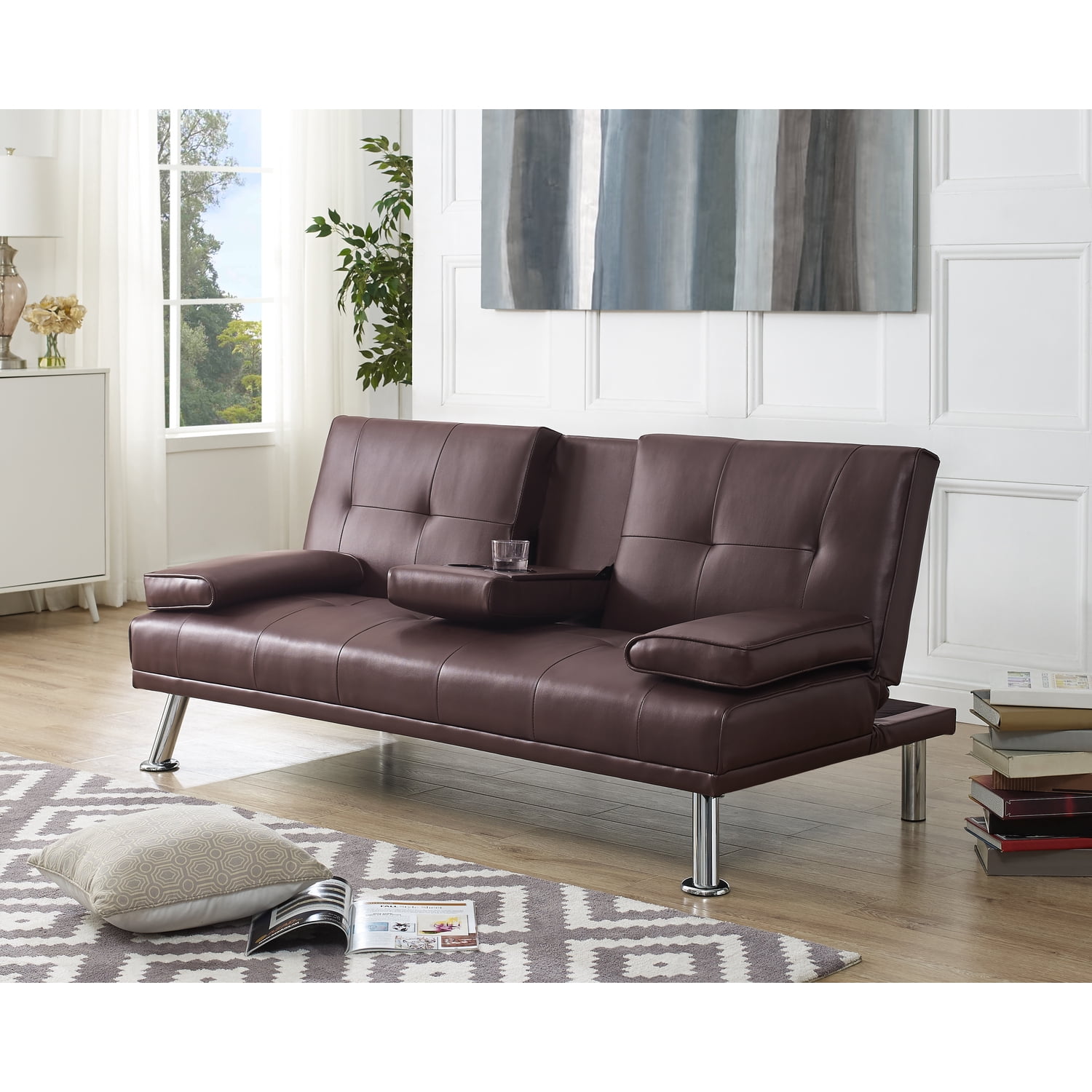 Futon Sofa with Armrest and Cupholders by Naomi HomeColorEspresso