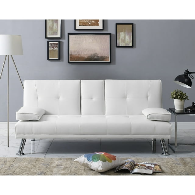 Futon Sofa with Armrest and Cupholders by Naomi HomeColorWhite,Fabric
