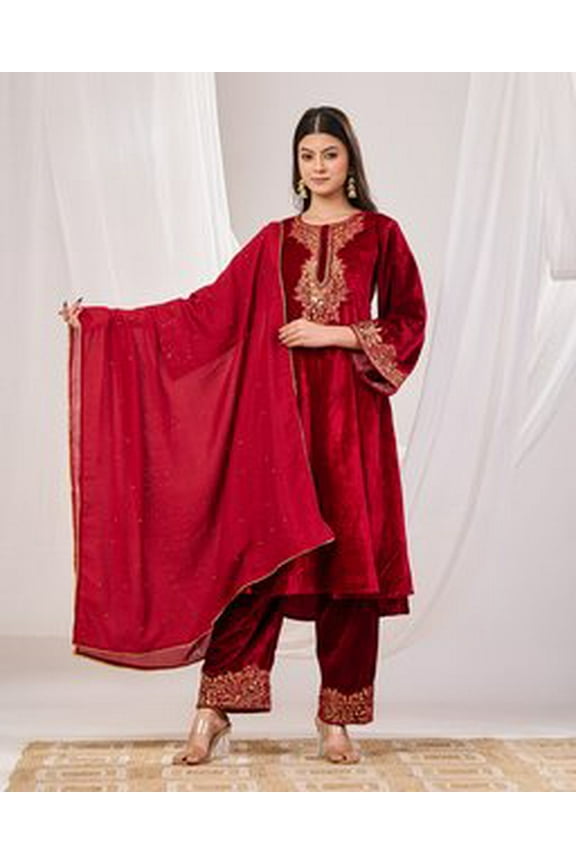 Maroon Velvet Suit Set with Silk Dupatta