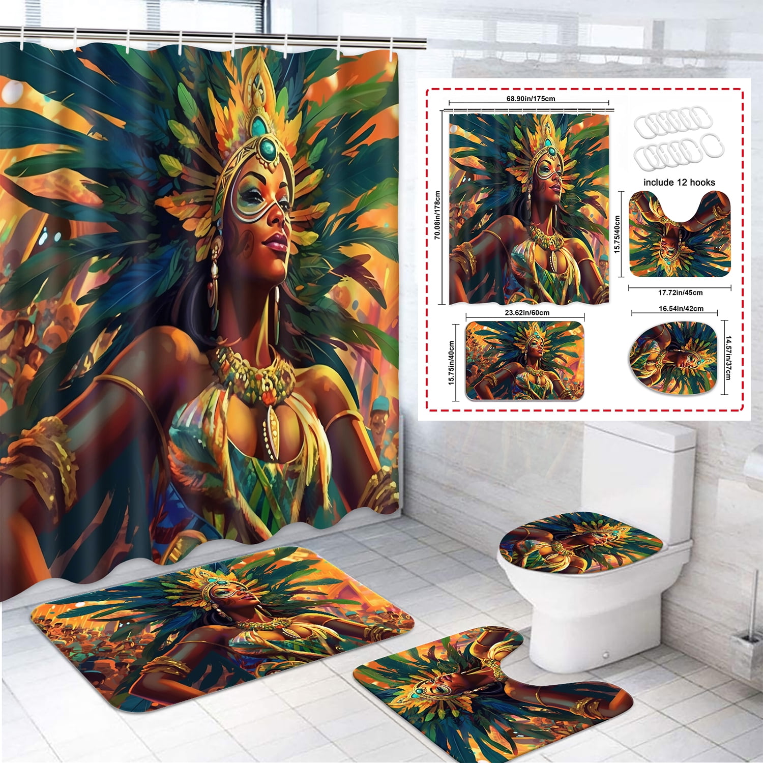 Futtumy 4 Pcs Bathroom Shower Curtain Sets, Polyester Shower Curtain Sets with Bath Rugs, Black Women Painted Pattern Bathroom Sets with Shower Curtain and Rug Set