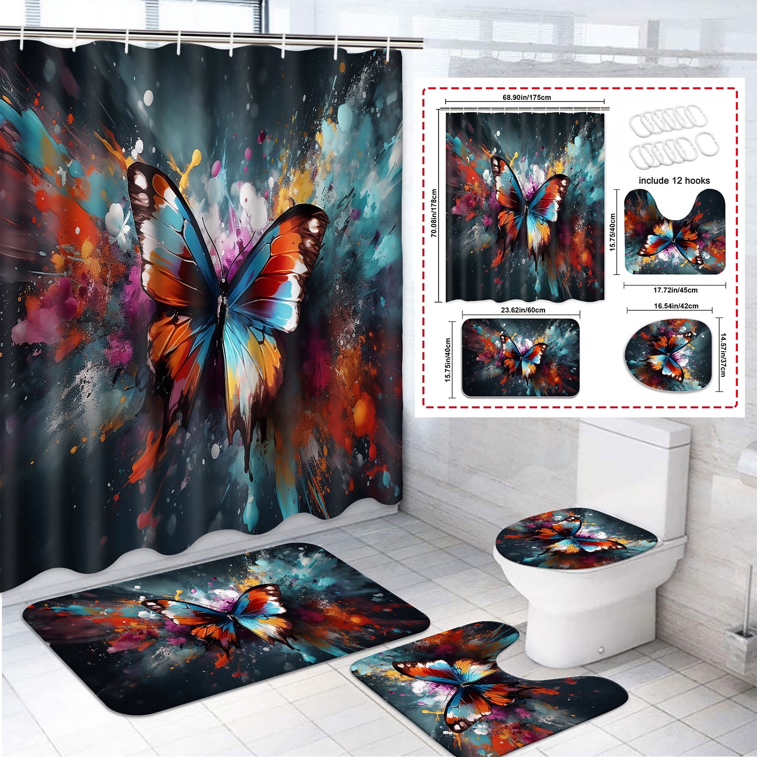 Futtumy 4 Pcs Bathroom Shower Curtain Sets, Polyester Shower Curtain ...