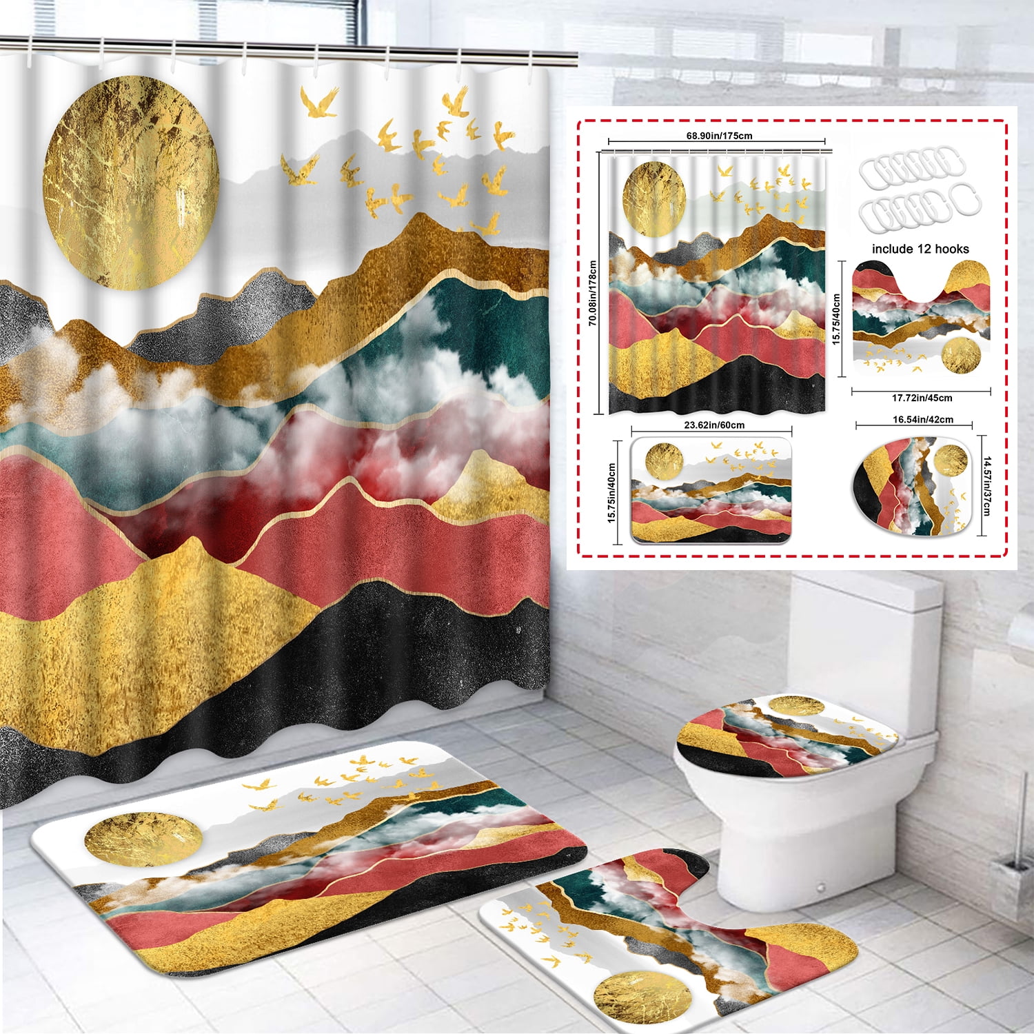 Futtumy 4 Pcs Bathroom Shower Curtain Sets, Polyester Shower Curtain ...