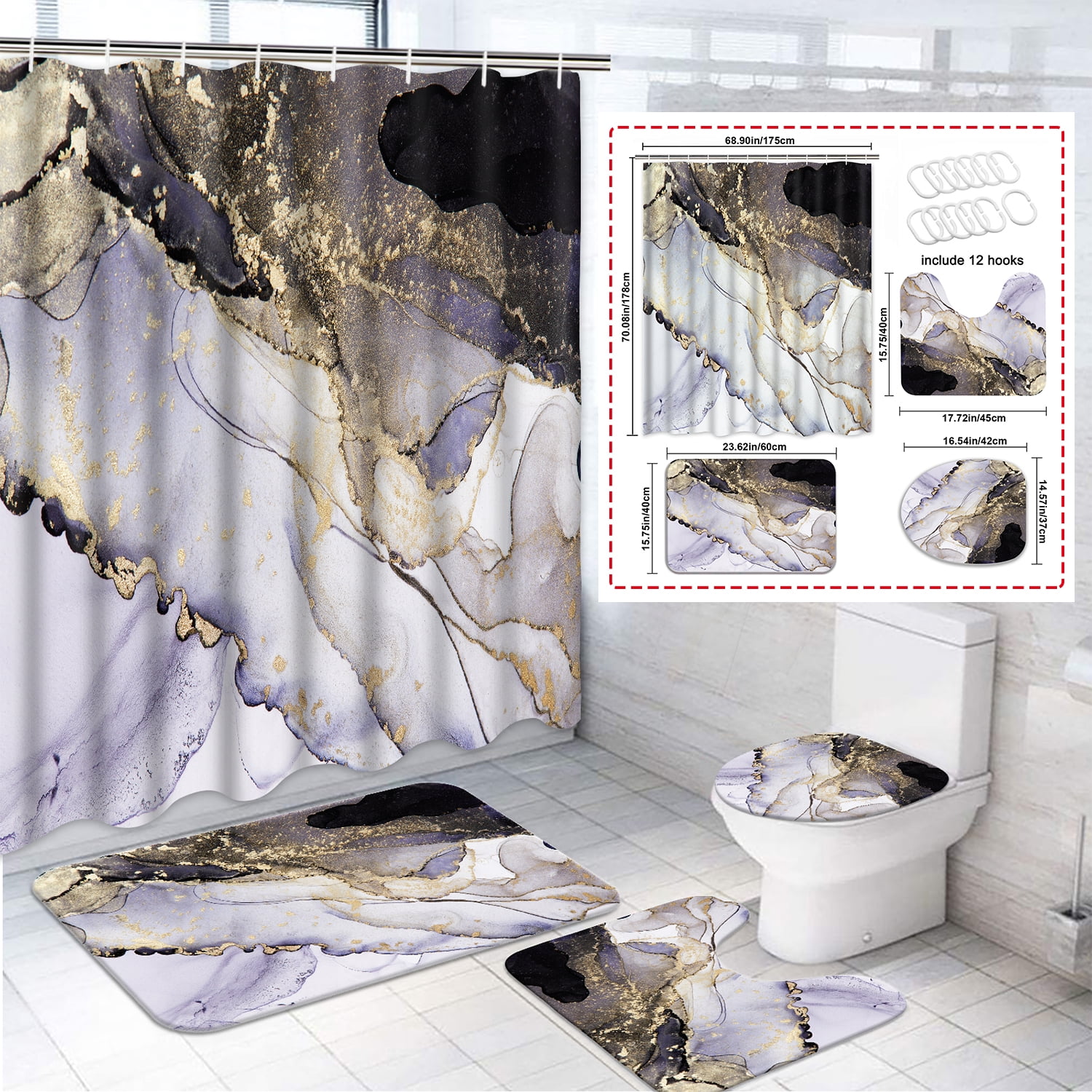 Futtumy 4 Pcs Bathroom Shower Curtain Sets, Polyester Shower Curtain ...
