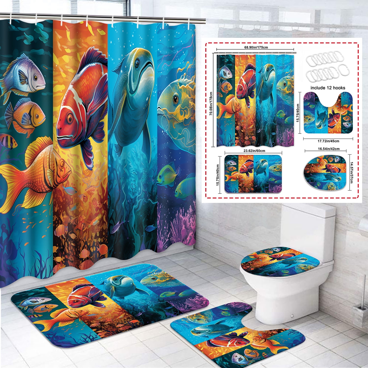 Futtumy 4 Pcs Bathroom Shower Curtain Sets, Polyester Shower Curtain Sets with Bath Rugs, Ocean Red Fish Pattern Bathroom Sets Shower Curtain and Rug Set