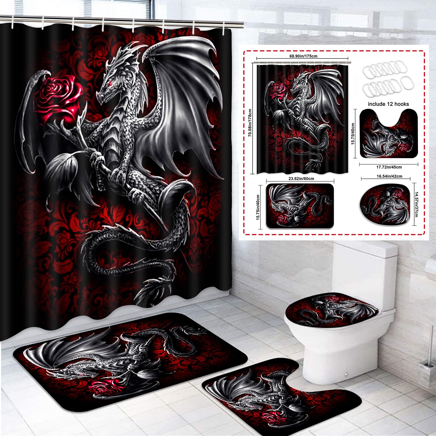 Futtumy 4 Pcs Bathroom Shower Curtain Sets, Polyester Shower Curtain Sets with Bath Rugs, Silver Fly Dragon Red Rose Print Patterns Bathroom Sets with Shower Curtain and Rug Sets
