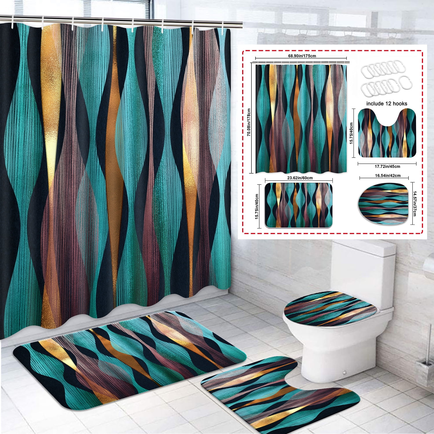 Futtumy 4 Pcs Bathroom Shower Curtain Sets, Polyester Shower Curtain ...