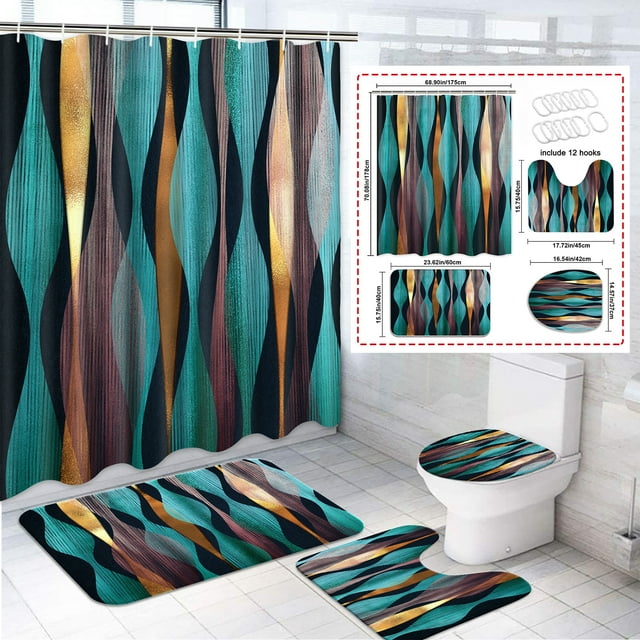 Futtumy 4 Pcs Bathroom Shower Curtain Sets, Polyester Shower Curtain Sets with Bath Rugs, Blue ...