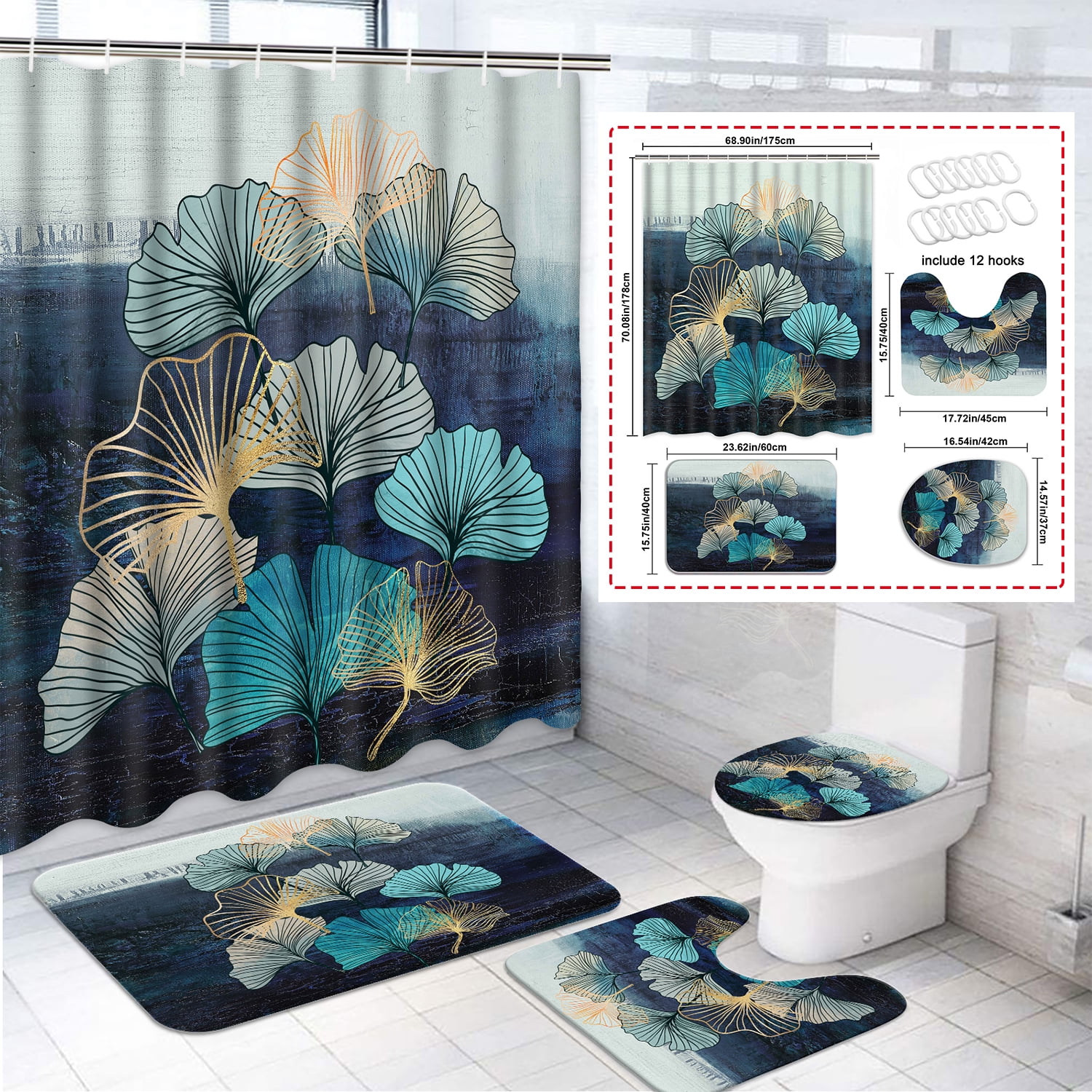 Futtumy 4 Pcs Bathroom Shower Curtain Sets, Polyester Shower Curtain Sets with Bath Rugs ...