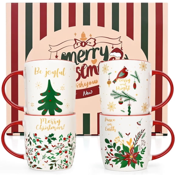 Futtumy Christmas Gifts for Ceramic Mugs, Christmas Mug Set of 4, Christmas Tree Mugs, Ceramic Christmas Mugs Gifts, Christmas Gifts, Birthday Gifts, White 11 fl oz Coffee Mugs Ceramic Mug Tea Cup