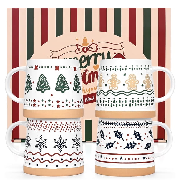 Futtumy Christmas Mugs, Christmas Coffee Mugs, Christmas Mugs Set of 4, Holiday Mugs, Merry Christmas Mugs, White Coffee Mug Ceramic Mugs Tea Cup, 14 fl oz