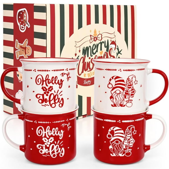 Futtumy Christmas Mugs Set of 4, Christmas Coffee Mugs, Dwarf Santa Mugs, Christmas Gifts, Birthday Gifts, White Red 13 fl oz Coffee Mug Ceramic Mugs Tea Cup