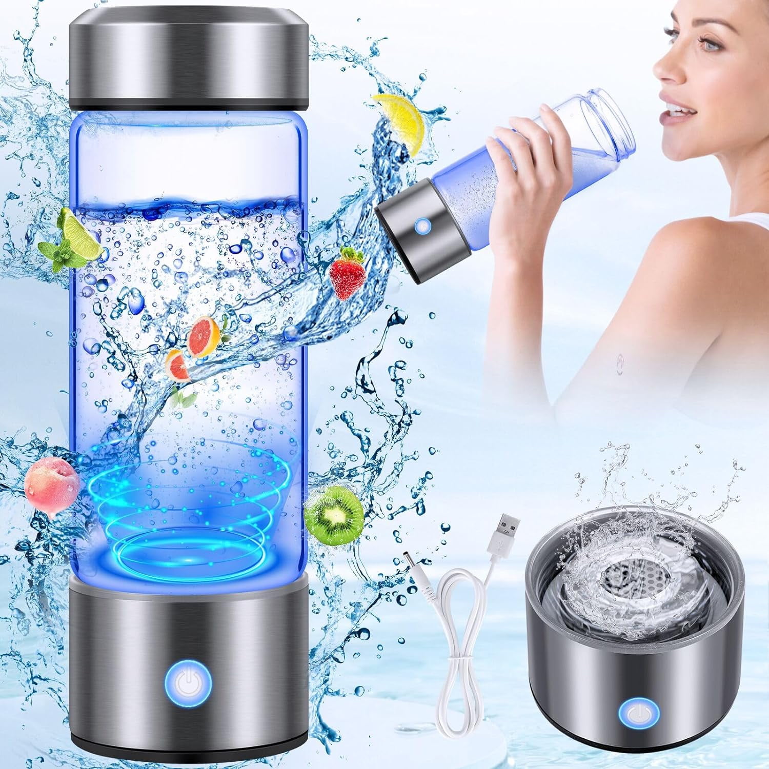 Futtumy Hydrogen Water Bottle Generator, 3Min Quick Electrolysis, Antioxidant Hydrogen Rich Water Cup with PEM SPE Technology, Hydrogen Water Generator Alkaline Maker, 420ml Hydrogen Bottle