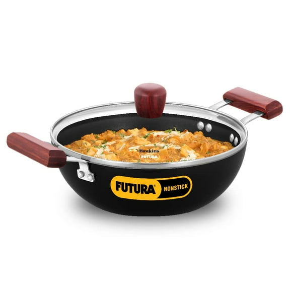 Futura Black Aluminium Deep Kadhai - Nonstick Kadai With Glass Lid 2.5 Liters | Flat Bottom Induction Kadhai, Deep Fry Pan (INDK25G)