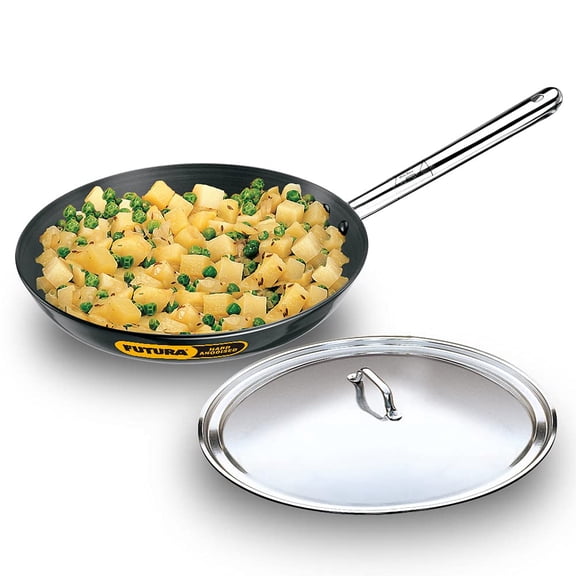 Futura Black Aluminium Frying Pan 29 Cm | Hard Anodised Fry Pan With Stainless Steel Handle & Stainless Steel Lid, Big Frying Pan (AF29S)