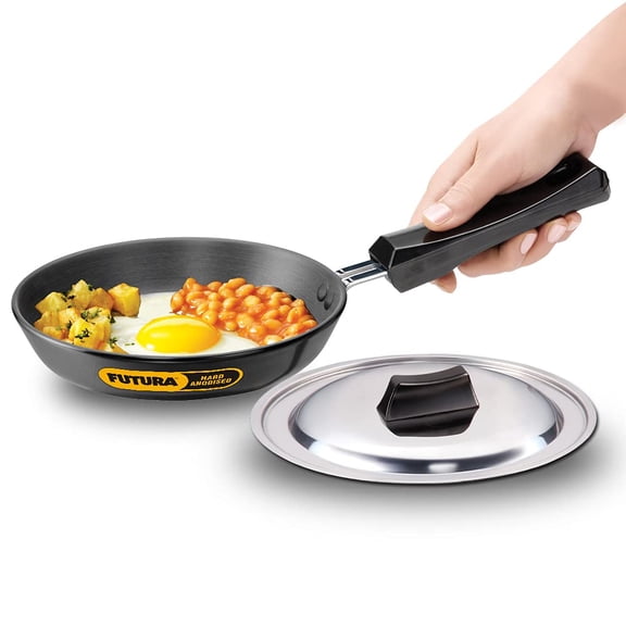 Futura Black Aluminium Frying Pan With Lid 17 Cm | Hard Anodised Fry Pan With Stainless Steel Lid, Small Frying Pan (AF17S)