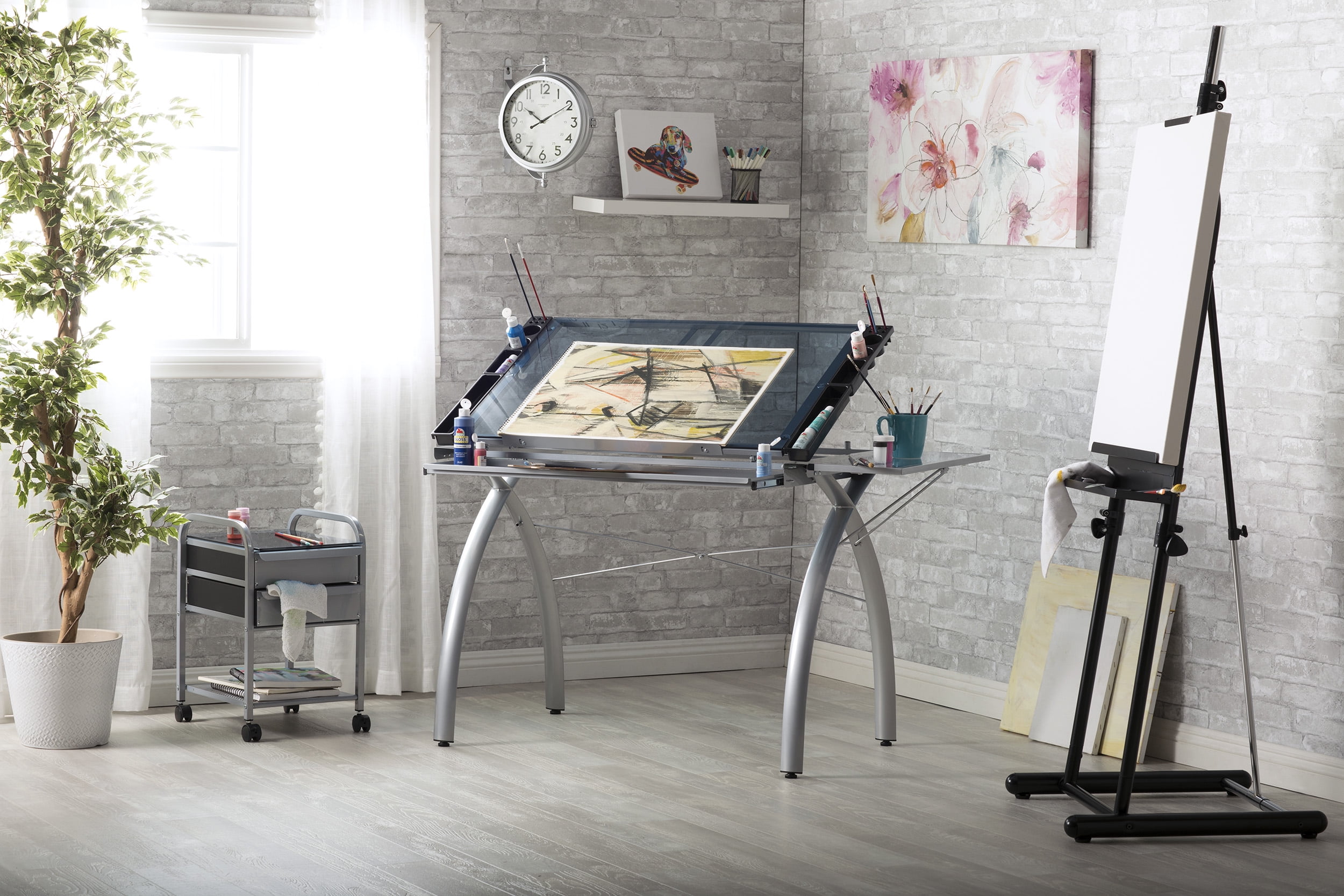 Futura Silver Glass Top Craft Station with Adjustable Shelf and Drawer