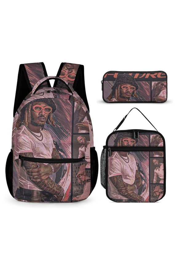 Future Backpack  Rapper 17 Inch 3 Piece Set with Insulated Lunch Bag and Pencil Case, Bookbag Laptop Backpack Cartoon Durable Lightweight Casual Backpack