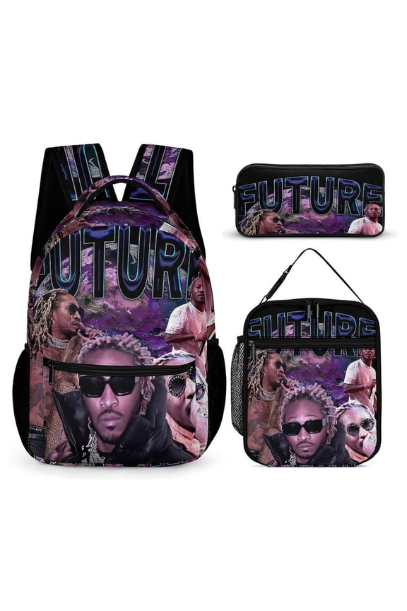 Future Backpack Rapper 17 Inch 3 Piece Set with Insulated Lunch Bag and Pencil Case, Bookbag Laptop Backpack Cartoon Durable Lightweight Casual Backpack