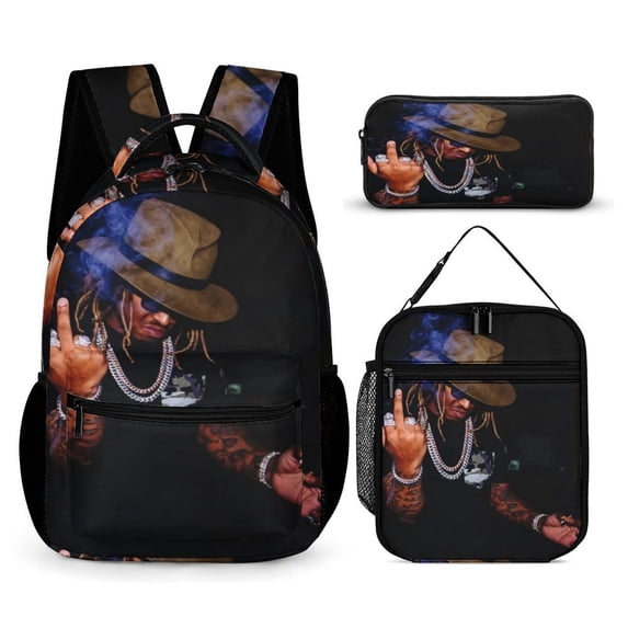 Future Backpack Rapper 17 Inch 3 Piece Set with Insulated Lunch Bag and Pencil Case, Bookbag Laptop Backpack Cartoon Durable Lightweight Casual Backpack