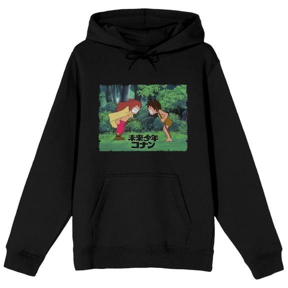 Future Boy Conan Jimsy And Conan Fighting Long Sleeve Men's Black Hooded Sweatshirt-Large