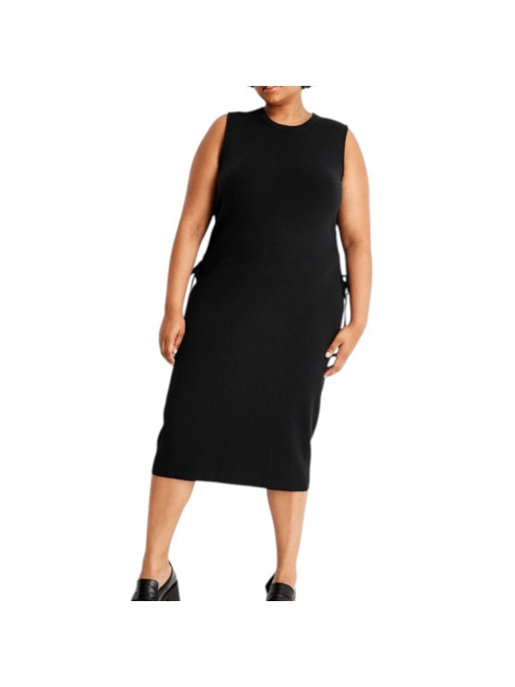 Reese Blutstein Sleeveless Midi Sweater Dress Black XXL | Side-Tie, Ribbed Knit, Crew Neck