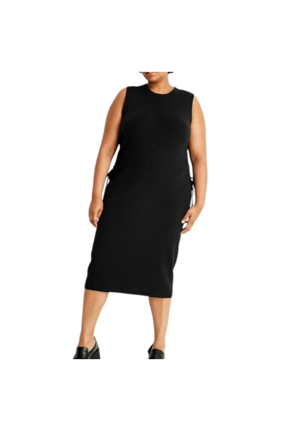 Reese Blutstein Sleeveless Midi Sweater Dress Black XXL | Side-Tie, Ribbed Knit, Crew Neck