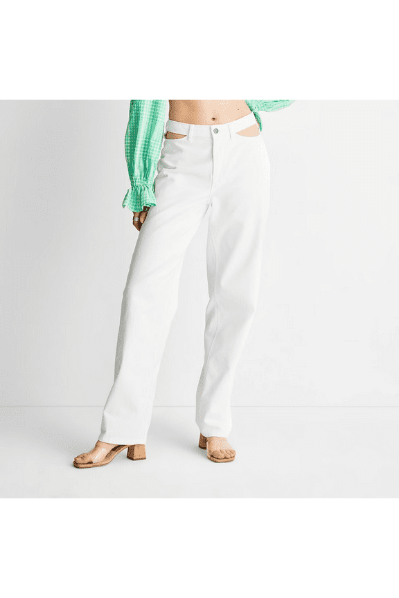 Women's Mid-Rise Cut Out Waist Straight Leg Jeans - White, 8