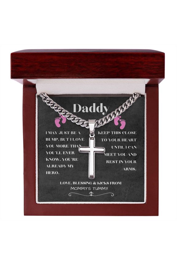 Future Daddy's Cross Necklace (Pink Foot Prints) - Cuban Link Chain with Artisan Cross