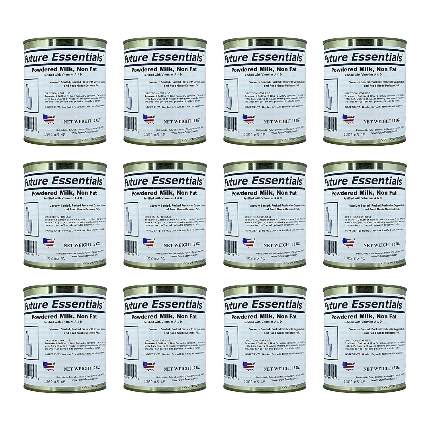 Future Essentials 20 Years Long Shelf Life Drink mixes Emergency Survival Food Canned Powdered Non Fat Milk 12oz/Can -12 Cans ✅