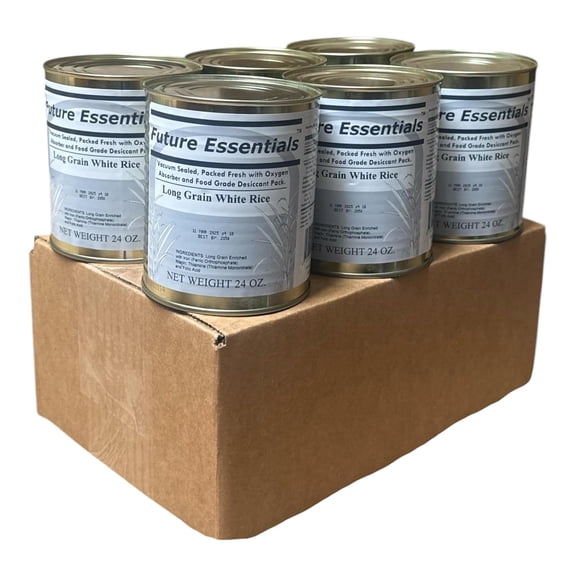 Future Essentials Long Grain White Rice 6 Pack (#2.5 Cans, 24 oz Each)  25 Year Shelf Life Emergency Food, USA Grown Vacuum-Sealed Rice for Long-Term Storage & Preparedness