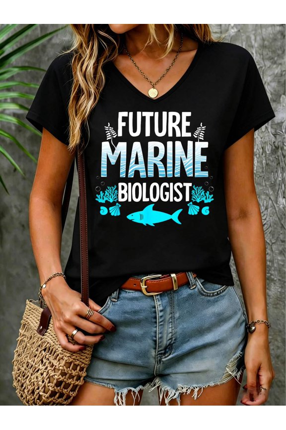 Future Marine Biologist Gift for Kids Teens Funny Biology V Neck T-Shirt Cotton Women's V Neck Graphic Tee, Casual Short Sleeve Shirt,Vacation Outfit