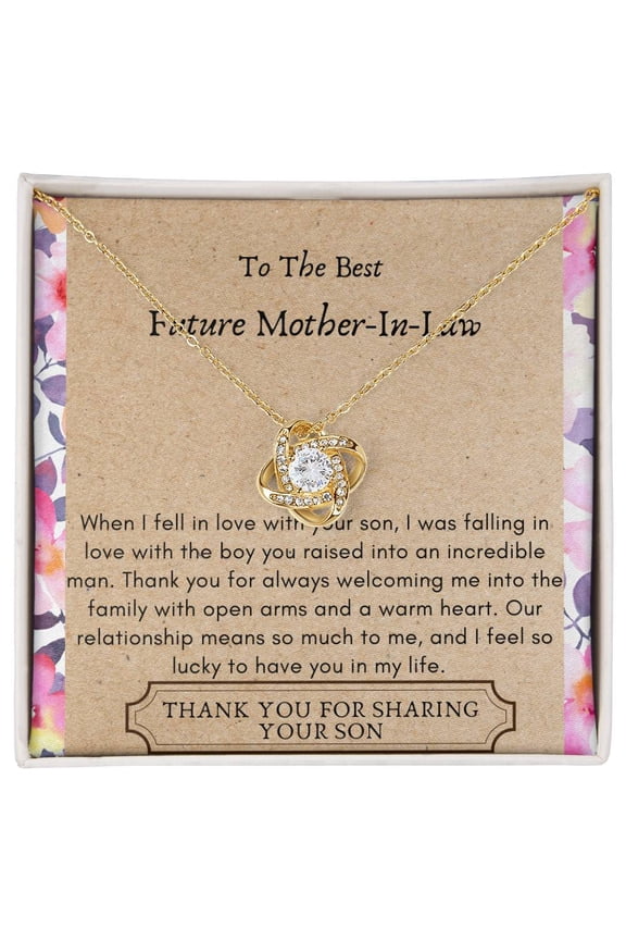 Future Mother In Law, Raised Incredible Man Beautiful Necklace, Message Card and Box, Gold Love Knot Necklace