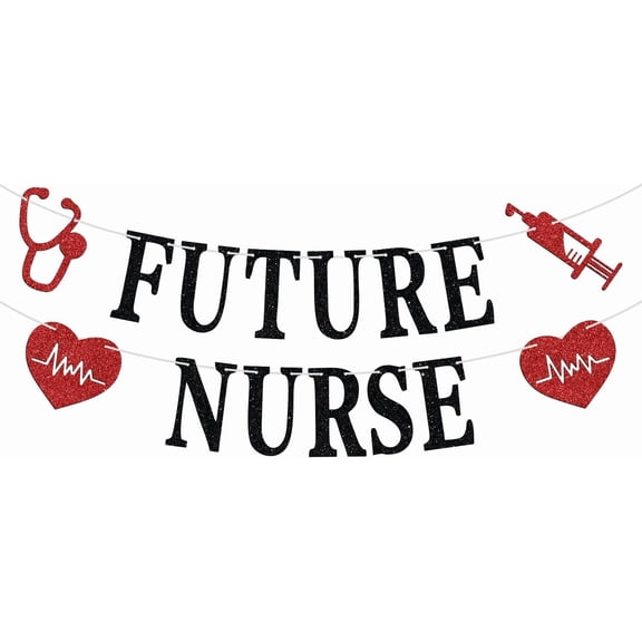 Future Nurse Banner, Congrats RN/BSN/LPN, Nursing School Survivor Graduation Party Decoration Supplies, Black and Red Glitter